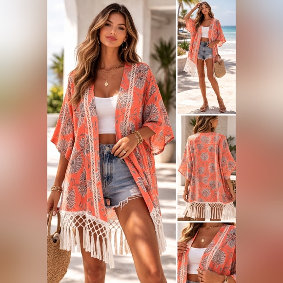 Miss Me Tops - Miss Me Coral and Gray Floral Kimono Top